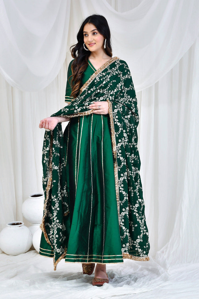 <img> Bottle Green Silk Anarkali Set With Embroidered Dupatta