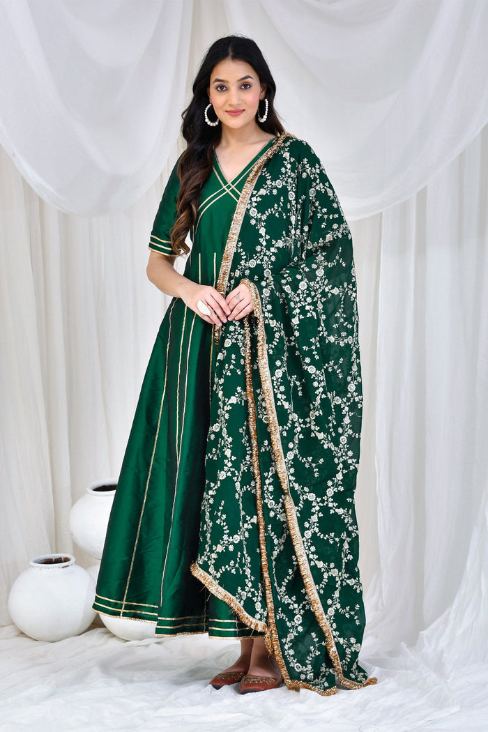 <img> Bottle Green Silk Anarkali Set With Embroidered Dupatta