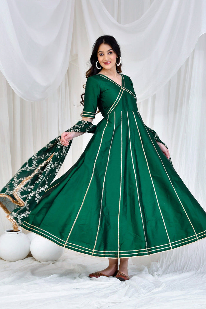 <img> Bottle Green Silk Anarkali Set With Embroidered Dupatta