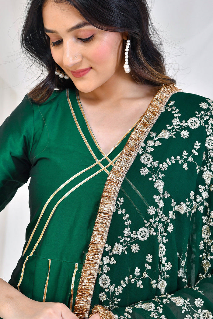 <img> Bottle Green Silk Anarkali Set With Embroidered Dupatta
