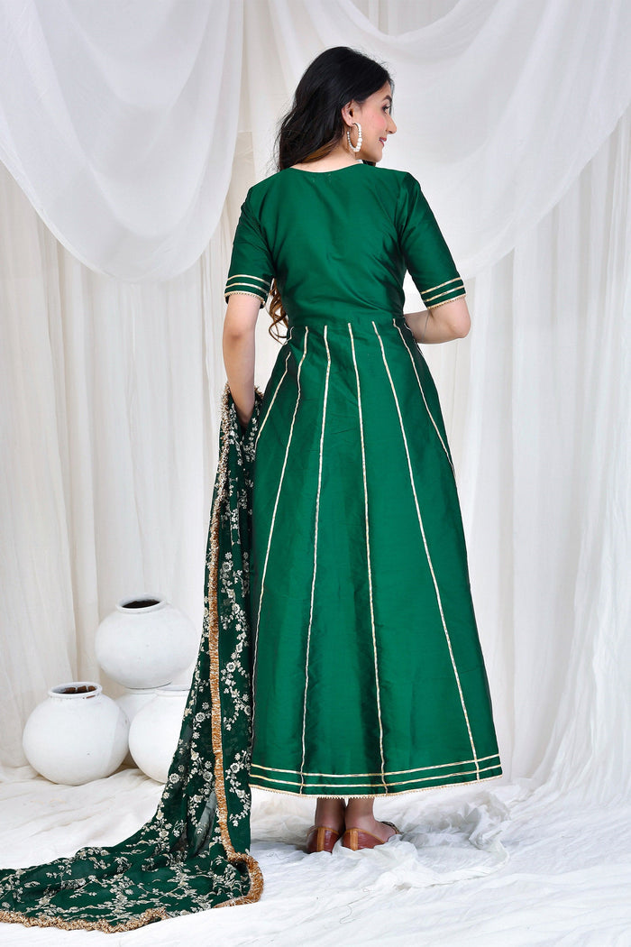 <img> Bottle Green Silk Anarkali Set With Embroidered Dupatta