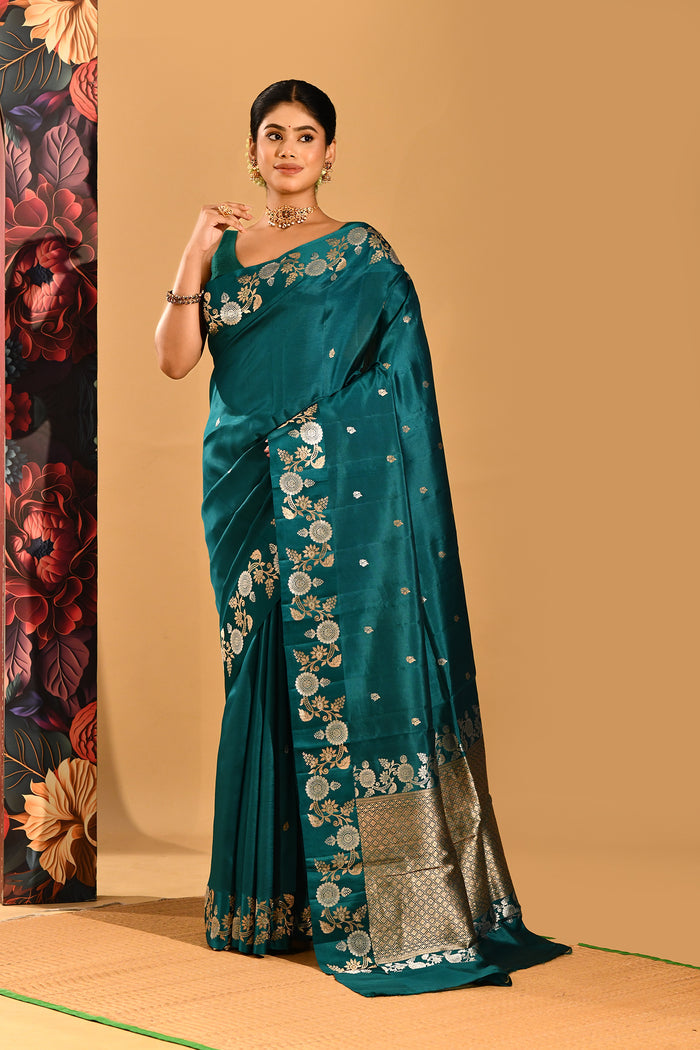 Bottle Green With Gold And Silver Zari Floral Border In Banarasi Silk Saree