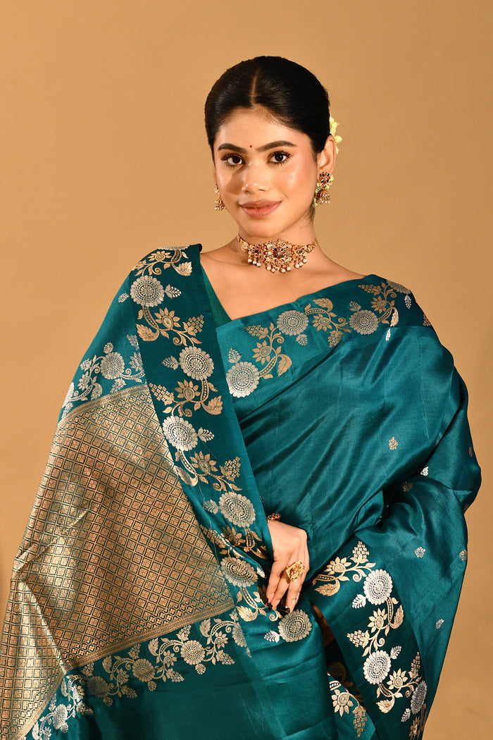 Bottle Green With Gold And Silver Zari Floral Border In Banarasi Silk Saree