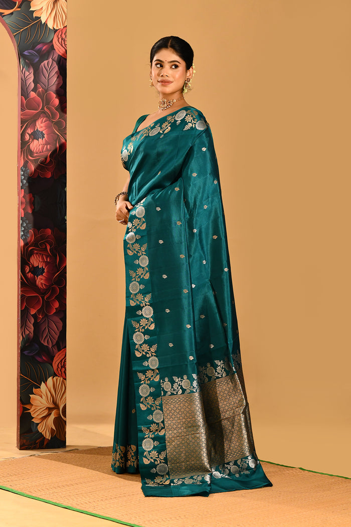 Bottle Green With Gold And Silver Zari Floral Border In Banarasi Silk Saree