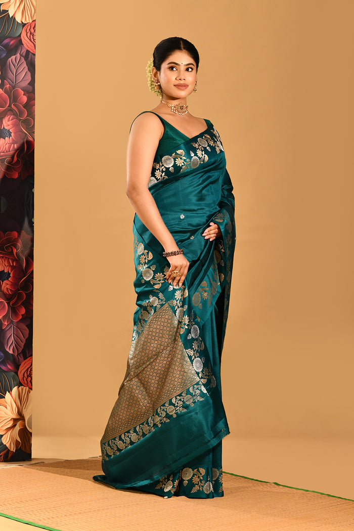 Bottle Green With Gold And Silver Zari Floral Border In Banarasi Silk Saree