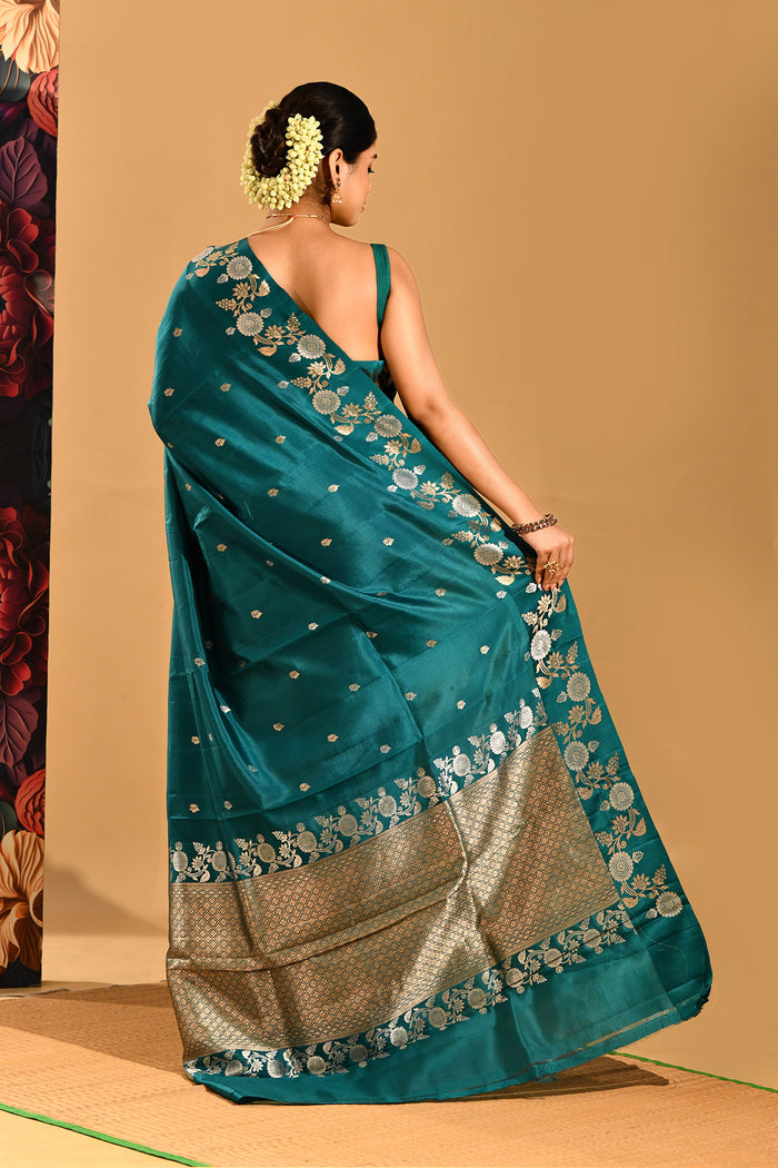 Bottle Green With Gold And Silver Zari Floral Border In Banarasi Silk Saree