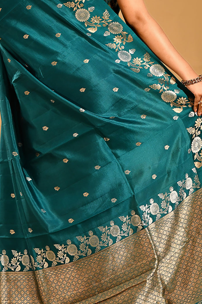 Bottle Green With Gold And Silver Zari Floral Border In Banarasi Silk Saree