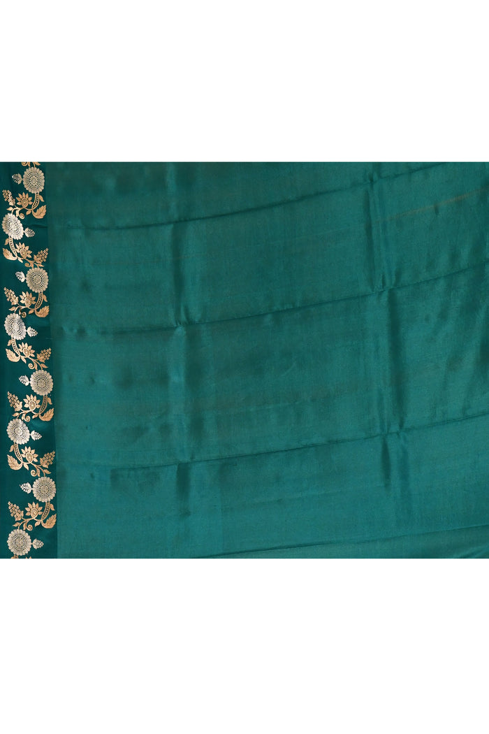 Bottle Green With Gold And Silver Zari Floral Border In Banarasi Silk Saree