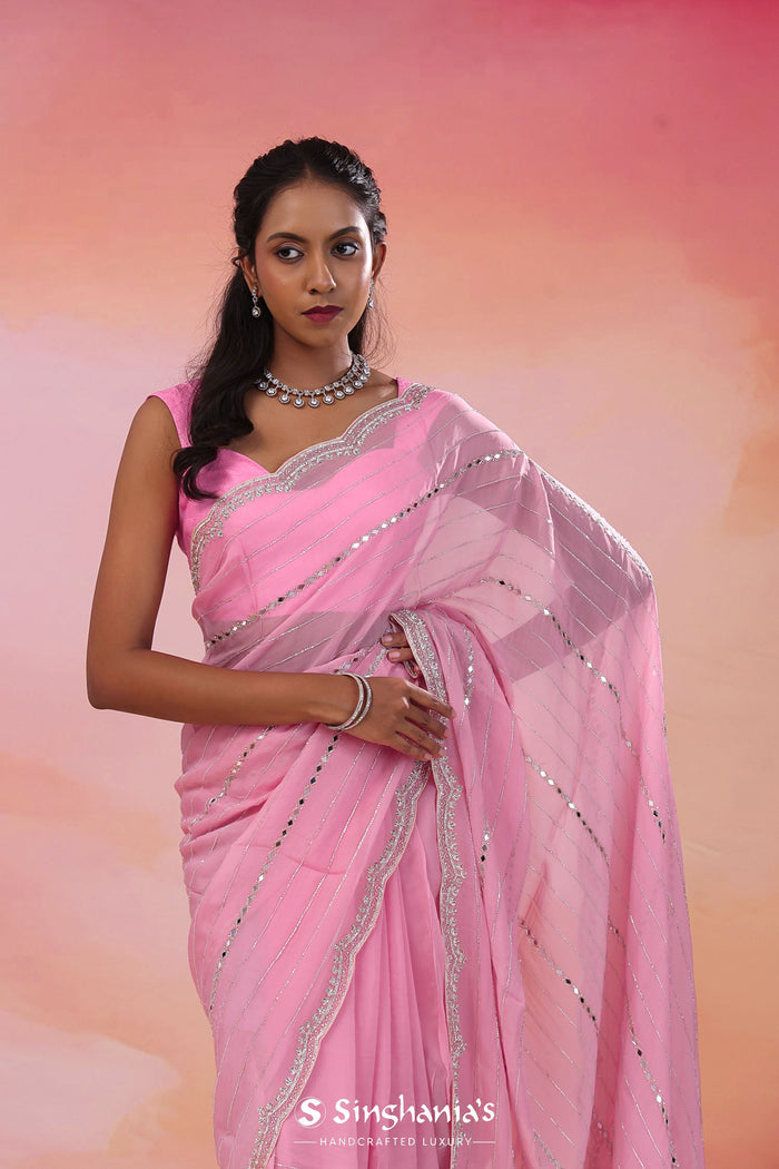 Bouquet Pink Organza Saree With Scallop Border