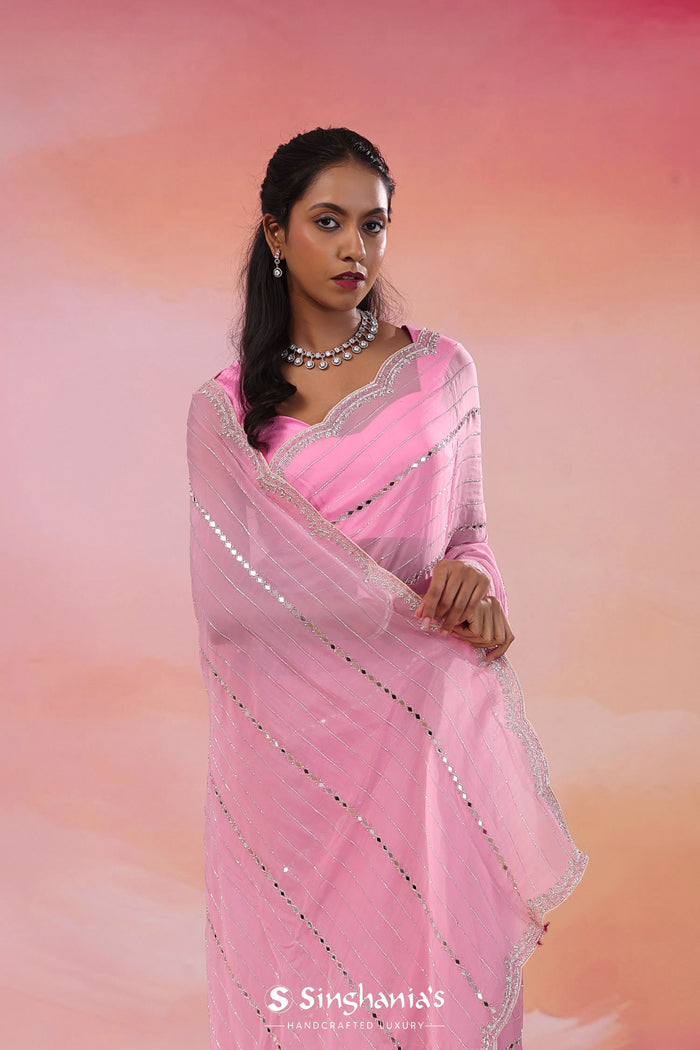 Bouquet Pink Organza Saree With Scallop Border