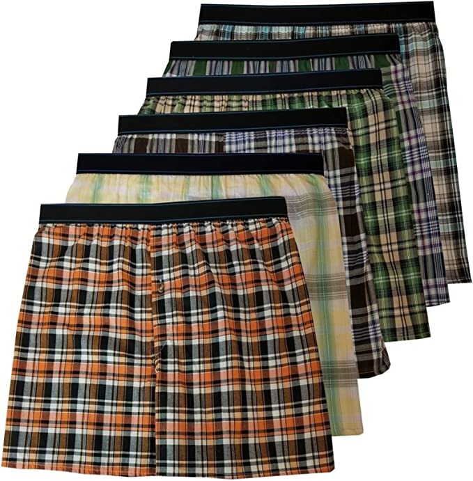 A pack of six assorted plaid boxer shorts with exposed elastic waistbands.