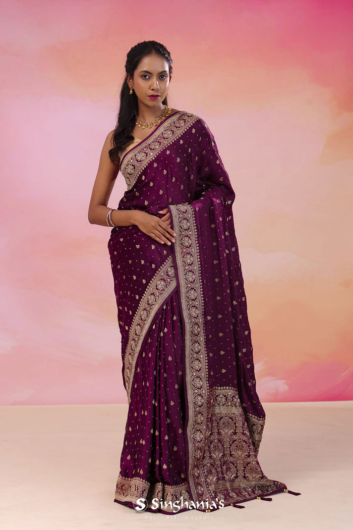 Boysenberry Purple Banarasi Satin Crepe Saree With Butti'S