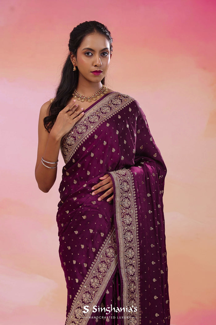 Boysenberry Purple Banarasi Satin Crepe Saree With Butti'S