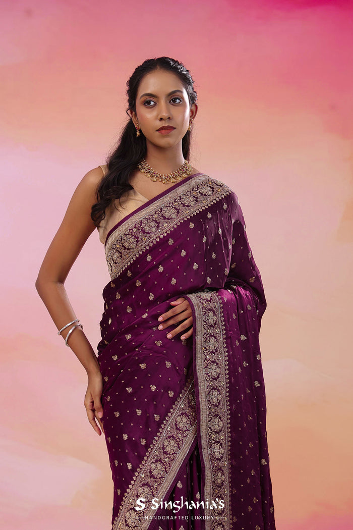 Boysenberry Purple Banarasi Satin Crepe Saree With Butti'S