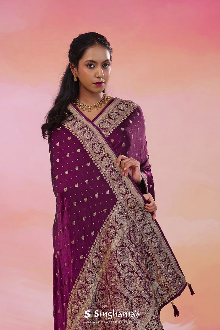 Boysenberry Purple Banarasi Satin Crepe Saree With Butti'S