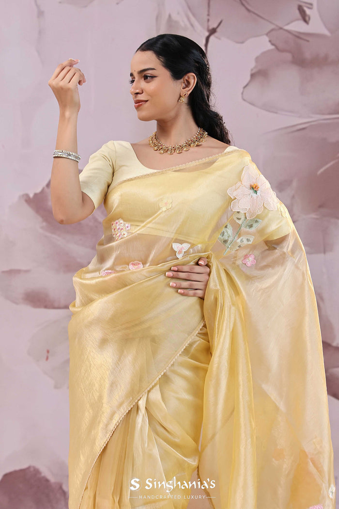 <img> yellow organza saree with embroidery