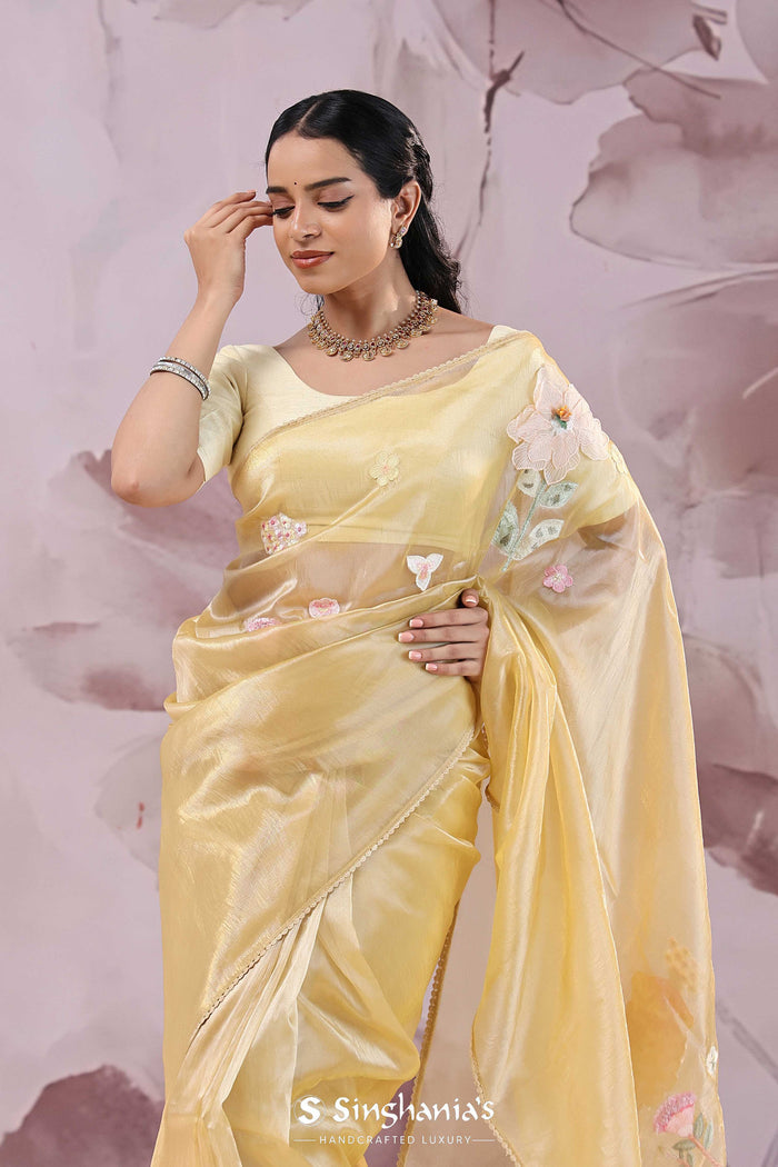 <img>  yellow organza saree with embroidery