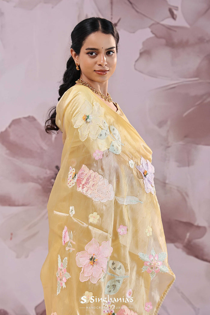 <img>  yellow organza saree with embroidery