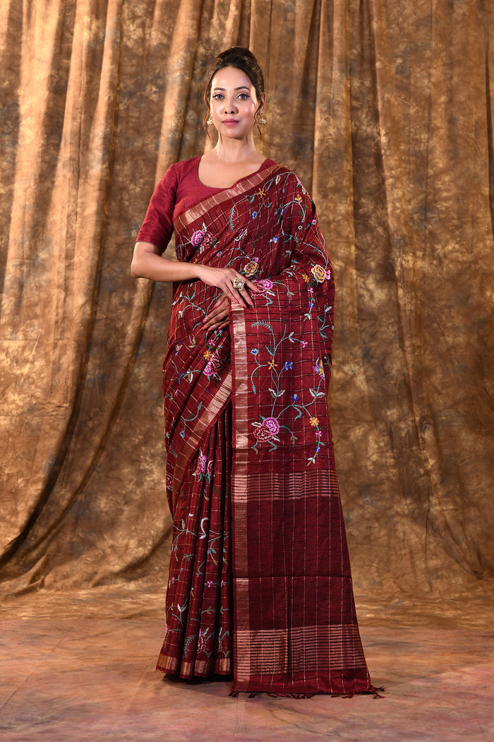 Brick Red Floral Silk Blend Saree