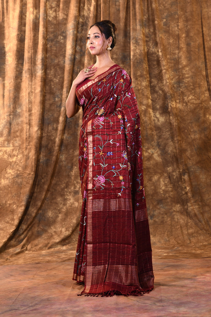 Brick Red Floral Silk Blend Saree