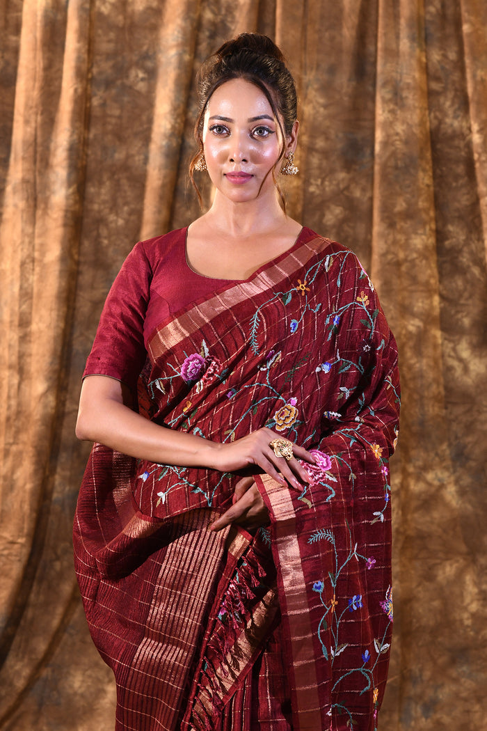 Brick Red Floral Silk Blend Saree