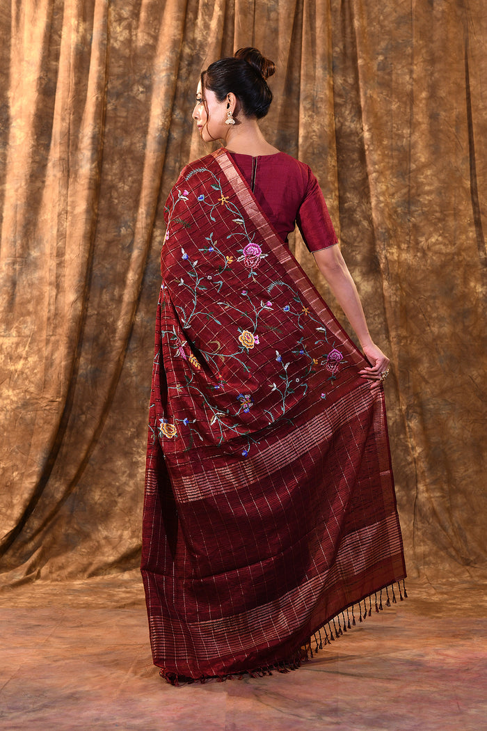 Brick Red Floral Silk Blend Saree