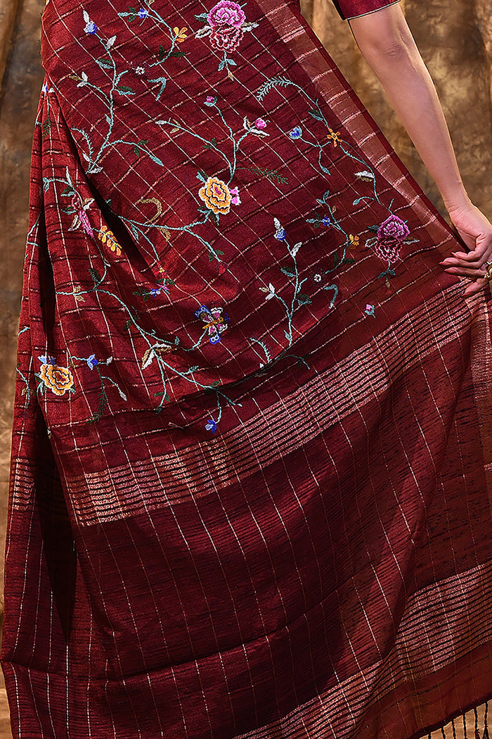 Brick Red Floral Silk Blend Saree