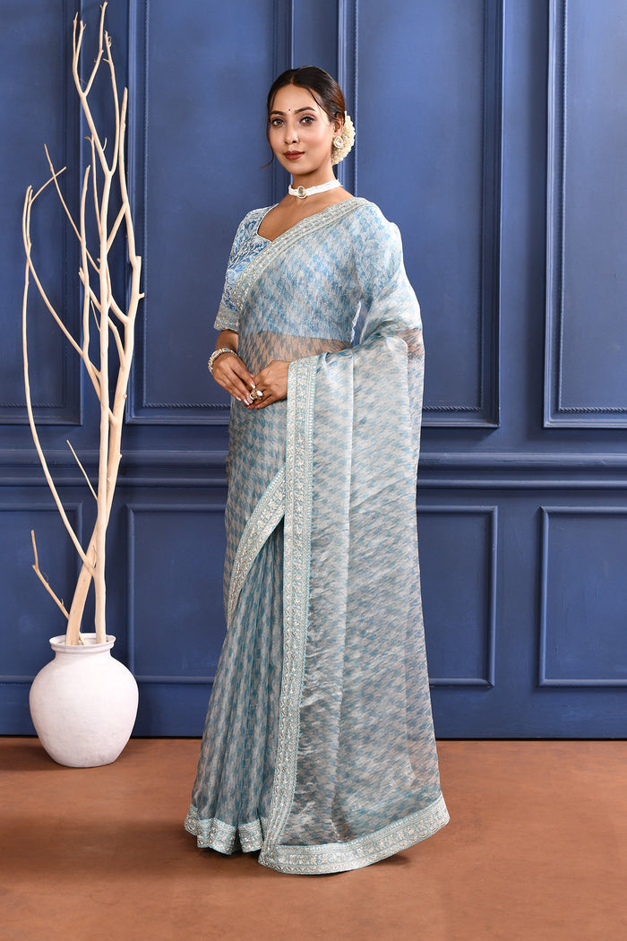 Bright Blue Printed Tissue Saree