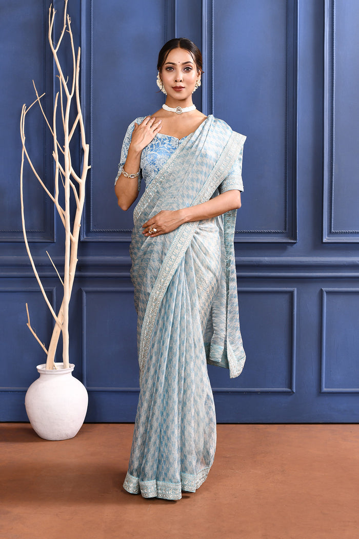 Bright Blue Printed Tissue Saree