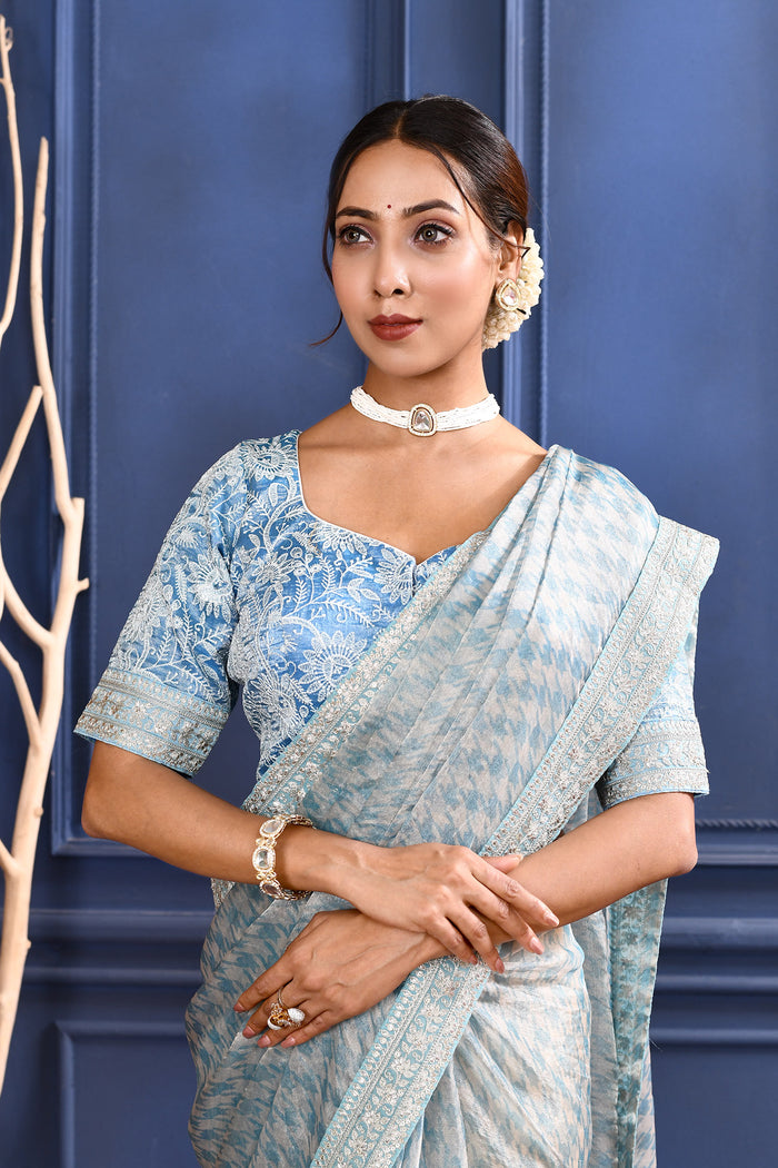 Bright Blue Printed Tissue Saree