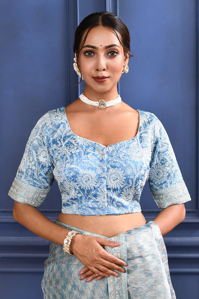 Bright Blue Printed Tissue Saree