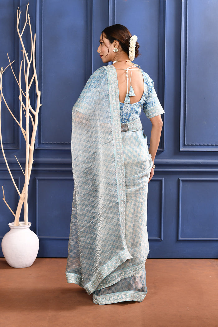 Bright Blue Printed Tissue Saree