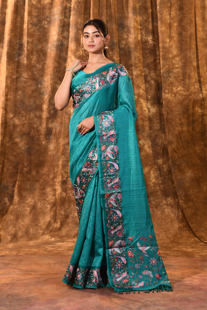 Bright Green Embroidered Tussar Saree