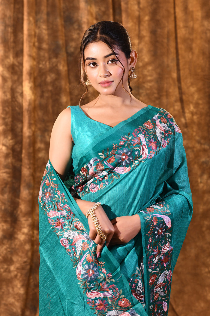 Bright Green Embroidered Tussar Saree