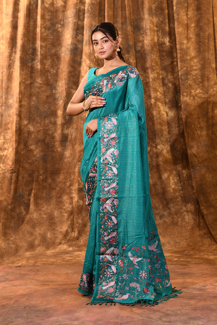 Bright Green Embroidered Tussar Saree