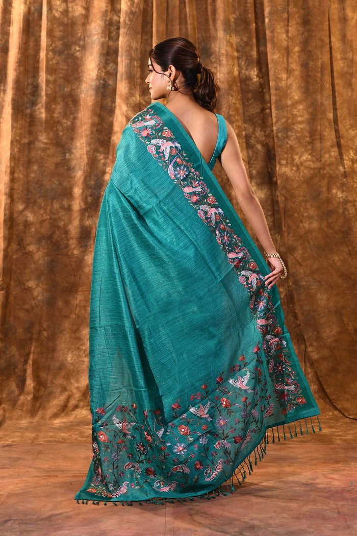 Bright Green Embroidered Tussar Saree