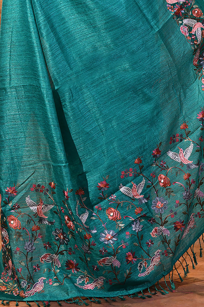 Bright Green Embroidered Tussar Saree