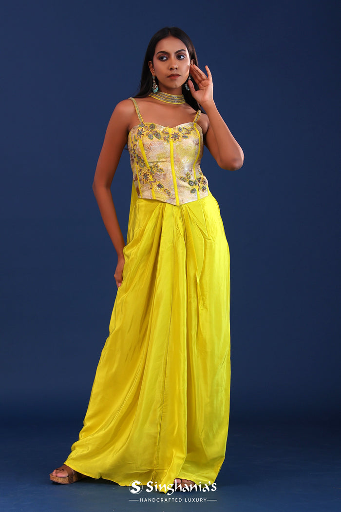 Bright Lime Green Crepe Silk Indo Western Skirt Set