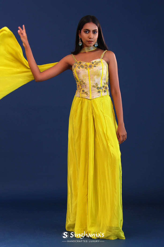 Bright Lime Green Crepe Silk Indo Western Skirt Set