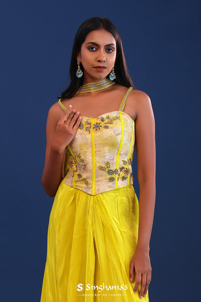 Bright Lime Green Crepe Silk Indo Western Skirt Set