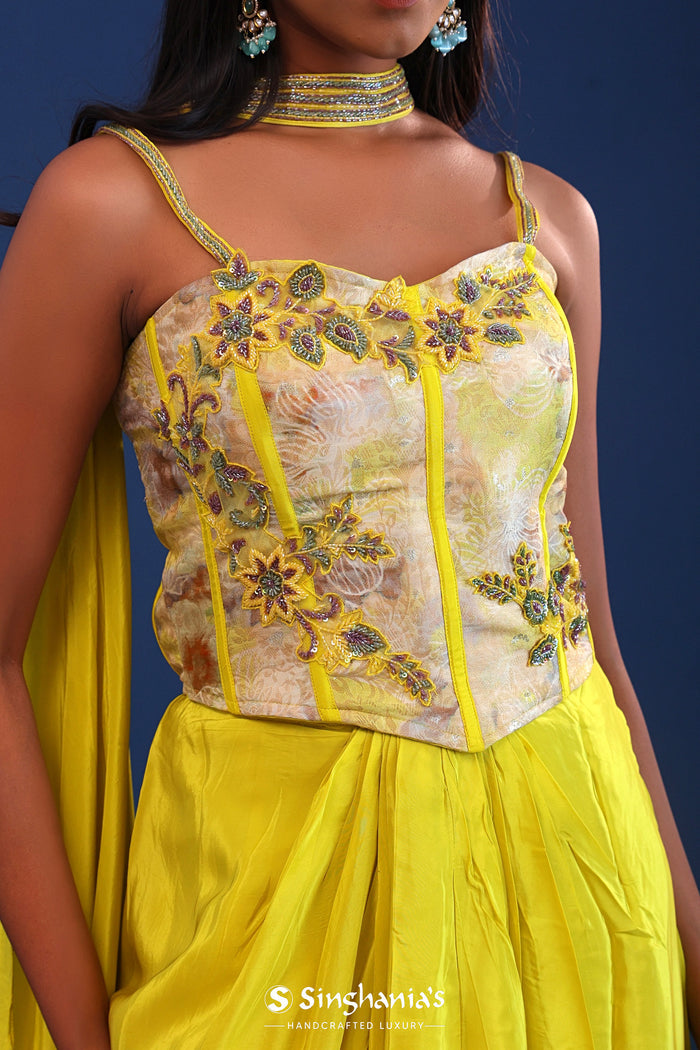 Bright Lime Green Crepe Silk Indo Western Skirt Set