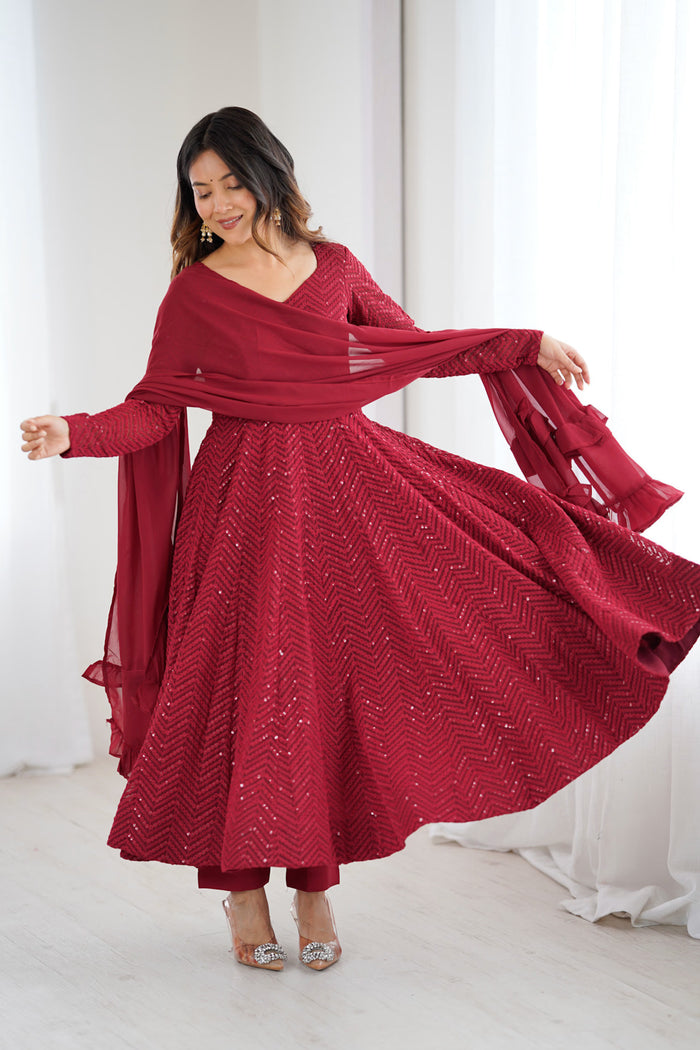 Bright Maroon Georgette Sequin Embroidered Anarkali Set