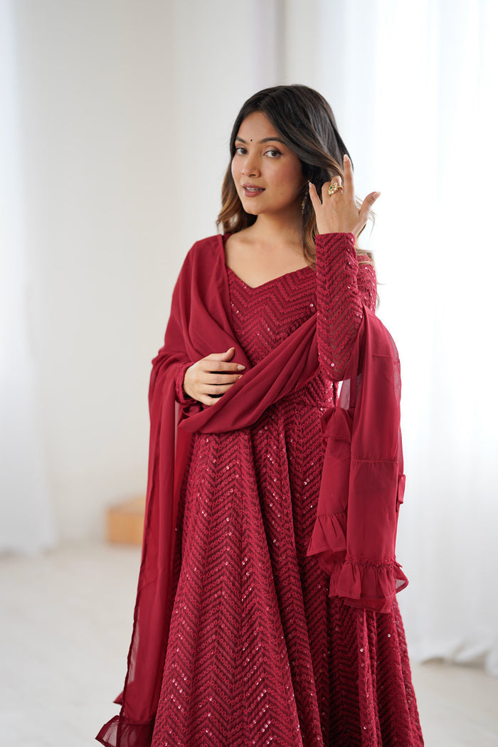 Bright Maroon Georgette Sequin Embroidered Anarkali Set