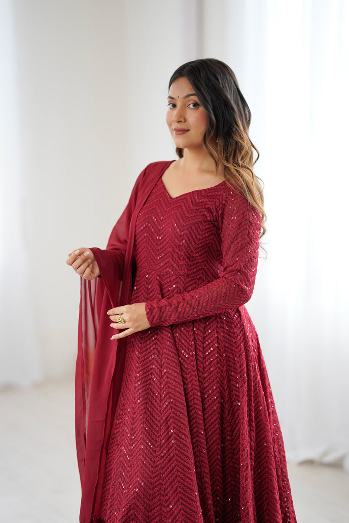 Bright Maroon Georgette Sequin Embroidered Anarkali Set