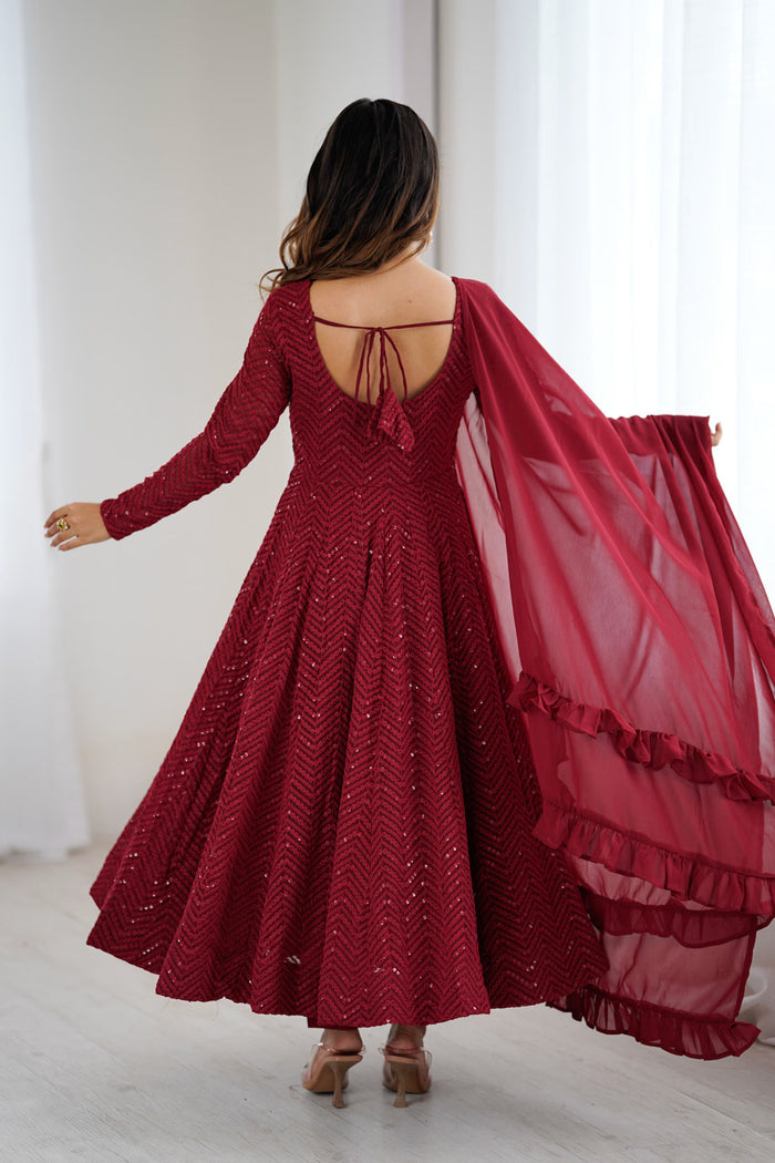Bright Maroon Georgette Sequin Embroidered Anarkali Set