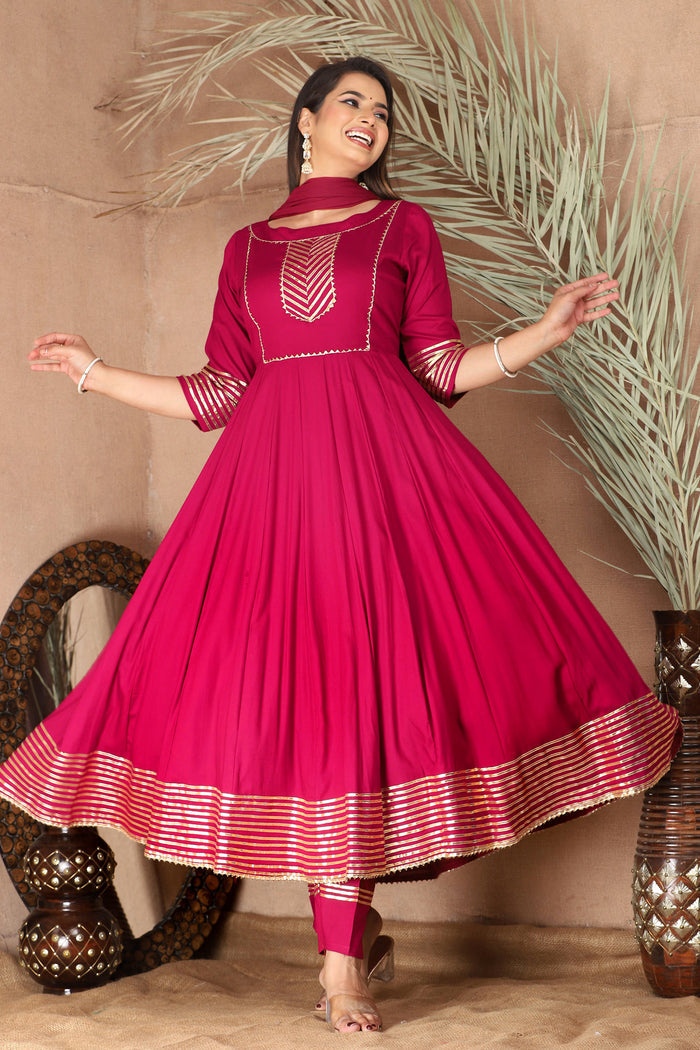 Bright Maroon Rayon Gota Work Anarkali Set