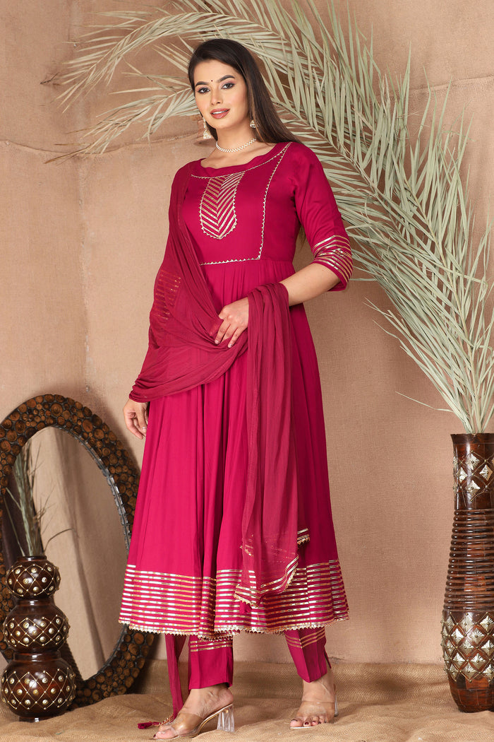 Bright Maroon Rayon Gota Work Anarkali Set