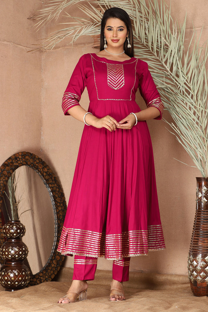 Bright Maroon Rayon Gota Work Anarkali Set