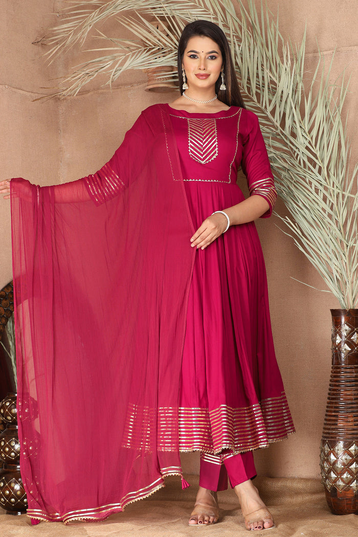 Bright Maroon Rayon Gota Work Anarkali Set