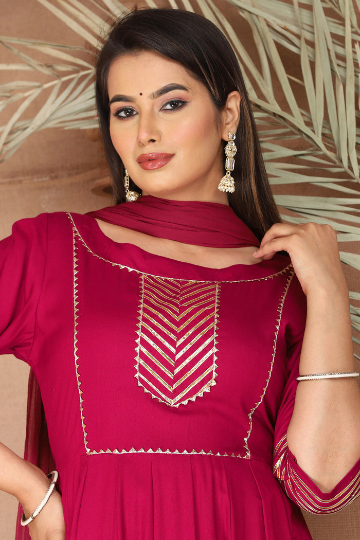 Bright Maroon Rayon Gota Work Anarkali Set